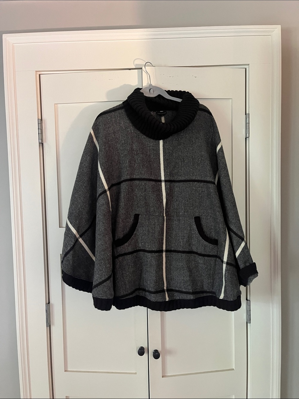Coco + Carmen Black & Gray Plaid Funnel Neck Poncho Sweater